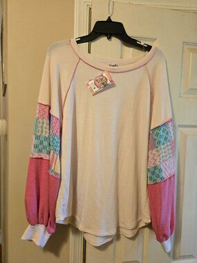 Haptics L Patchwork Bubble sleeve top, NWT